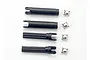 Four black plastic half-shaft components and four silver metal U-joint crosses arranged on a white background.