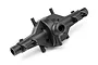 A black plastic RC car differential housing component isolated on a white background.