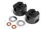Maverick differential case set including two black plastic cases, two metal washers, and two small red rubber O-rings on a white background.