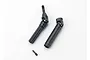 Two black plastic Traxxas RC drive shaft components and a small metal grub screw on a white background.