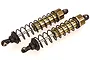 Two gold-colored RC car shock absorbers with black springs and black plastic ends, shown against a white background.