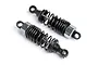 Two assembled black and silver RC shock absorbers for Maverick vehicles.
