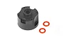 A black plastic RC differential case and two small orange rubber O-rings on a white background.