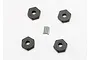Four black 12mm wheel hexes and four small metal axle pins arranged on a white background.