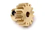 A brass 15-tooth pinion gear for RC cars, featuring a black grub screw on the side, isolated on a white background.