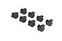 Eight small black rubber differential outdrive inserts arranged in a loose group against a white background.