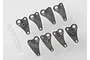 Traxxas long travel rocker arm set including eight grey plastic rocker arms and a set of small white plastic bushings on a white background.