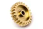 A brass 23-tooth RC pinion gear viewed from an angle against a white background.