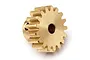 A brass 17-tooth pinion gear for RC cars, shown from a side-angle view against a white background.