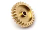 A brass 25-tooth pinion gear for RC vehicles, shown at an angle against a white background.