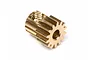 A brass 14-tooth pinion gear for RC cars against a white background.