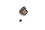 A metal 19-tooth pinion gear and a small black grub screw isolated on a white background.