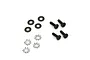 A set of four black Phillips head motor screws, four black flat washers, and four silver star lock washers on a white background.