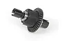 An assembled RC car differential unit featuring a black plastic housing, a metal ring gear, and two metal outdrives against a white background.