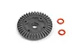 A grey metal 38T differential gear and two small red rubber O-rings on a white background.