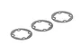 Three grey circular differential gaskets with four screw holes and a square center cutout arranged diagonally on a white background.