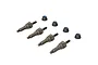 Four ARRMA EXB steel shock mount standoffs and four matching M3 flanged lock nuts arranged on a white background.