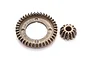 A metal 40T differential ring gear and a 13T pinion gear for a Maverick RC vehicle.