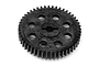 A black plastic spur gear for an RC car, featuring a central hub with a keyway and multiple weight-reduction holes around the center.