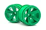 Two bright green 5-spoke RC car rims for 2.8 inch tires, shown from a front-facing angle on a white background.