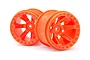 Two bright orange 6-spoke RC car rims with beadlock-style detailing on a white background.