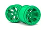 Two bright green 6-spoke RC car rims with a beadlock-style outer ring, shown against a white background.