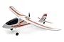 HobbyZone Mini AeroScout RC plane in white with orange and grey trim, featuring a pusher propeller configuration and tricycle landing gear.