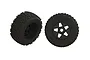 Two ARRMA dBoots Back-Flip RC truggy wheels with black five-spoke rims and aggressive treaded rubber tyres, shown from front and angled perspectives.
