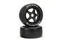 Two ARRMA dBoots Hoons belted RC car wheels with black 5-spoke rims and silver lettering on a white background.