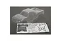 An unpainted, clear polycarbonate RC truck body shell for the ECX Amp MT, accompanied by a decal sheet featuring logos and window masks.