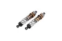 Two bronze-coloured aluminium adjustable RC shock absorbers with black springs and grey plastic caps.