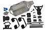 Traxxas Slash 4x4 LCG chassis conversion kit parts including grey main chassis, black side rails, suspension mounts, screws, and foam pads on a white background.