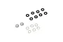 A set of various RC hardware including black plastic washers, metal star washers, and thin metal shims on a white background.
