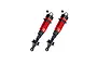 Two red and black aluminium RC shock absorbers with black rubber dust boots on a white background.
