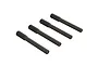 Four black metal grub screws with threaded ends arranged diagonally on a white background.