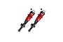 Two ARRMA aluminium RC shock absorbers with red bodies, black caps, and black rubber dust boots, isolated on a white background.