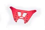 A red anodized aluminium rear shock tower for an ARRMA RC vehicle, featuring multiple mounting holes and EXB branding.
