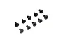 A set of ten black metal countersunk head screws with hexagonal drive sockets arranged on a white background.
