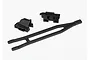 Traxxas battery hold down set including a long plastic strap and two mounting brackets on a white background.