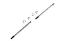 Two metal RC shock shafts and four E-clips arranged on a white background.