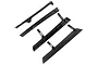 Four black plastic rock rail components for an RC crawler chassis arranged on a white background.
