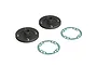 Two black metal differential caps and two thin blue-green gaskets for ARRMA RC vehicles.