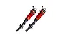 Two ARRMA aluminium RC shock absorbers with red bodies, black caps, and black rubber dust boots on a white background.