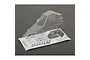 Clear, unpainted polycarbonate body shell for an ECX 1/10 AMP DB buggy, accompanied by a decal sheet on a dark grey background.