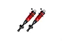 Two ARRMA red and black aluminium RC shock absorbers with black rubber boots on a white background.