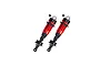 A pair of ARRMA aluminium RC shock absorbers with red bodies and black caps, featuring black rubber dust boots and mounting hardware.