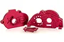 GPM Racing red anodized aluminium rear motor mount set for RC vehicles, featuring three machined components on a white background.