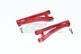 Two red anodized aluminium front upper suspension arms for an RC car, marked L and R, with two included metal screws on a white background.