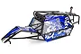 Rovan black steel roll cage for RC Baja buggy with blue and white painted panels, LED light bar, and spare tyre mount.