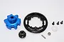 GPM Racing 15T pinion gear and 55T spur gear set with a blue aluminium gear adapter and mounting hardware on a white background.